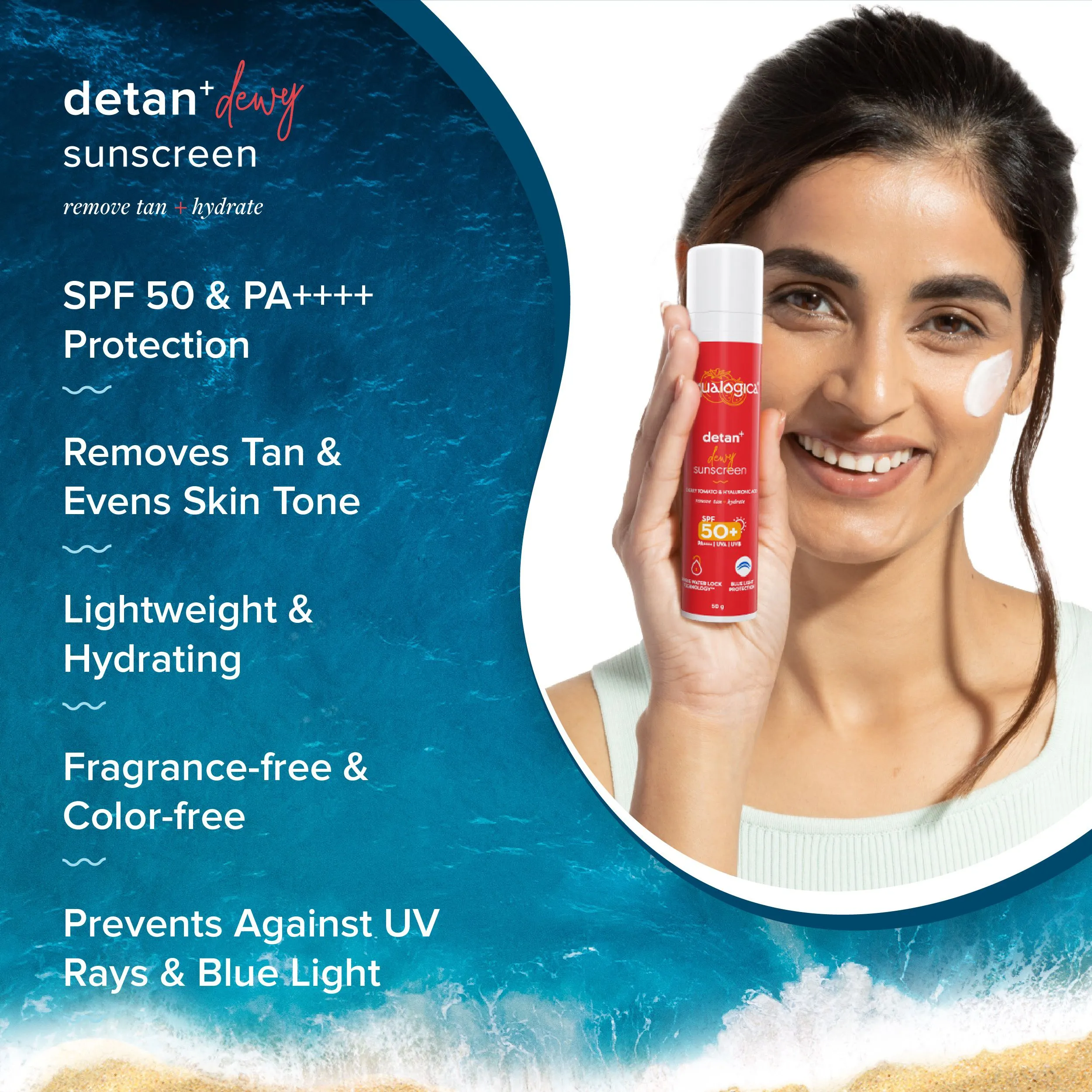 FREEBIE | Detan  Dewy Sunscreen with SPF 50  & PA     for UVA/B & Blue Light Protection & No White Cast - 50g