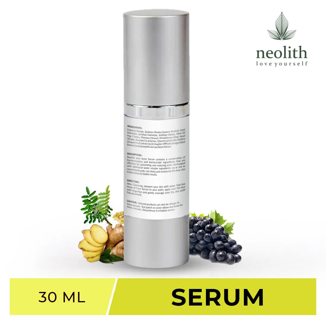 Neolith Anti Acne Serum - with Ginger Root Extract, Grape Fruit Extract, Resin Extract || 94% Organic || No Parabens, Silicon and Mineral Oil -30ml
