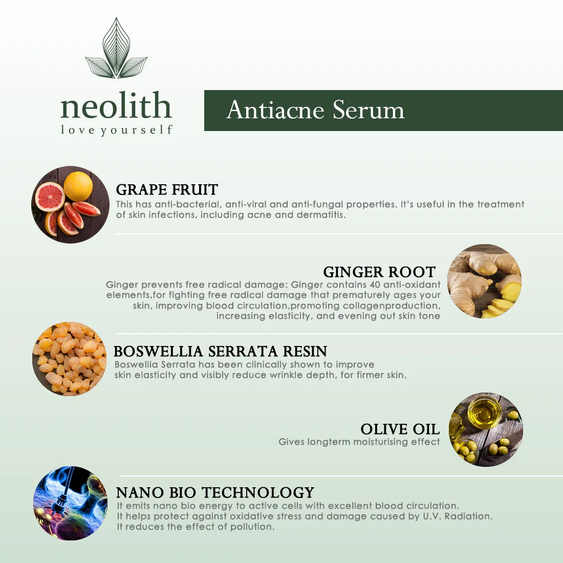 Neolith Anti Acne Serum - with Ginger Root Extract, Grape Fruit Extract, Resin Extract || 94% Organic || No Parabens, Silicon and Mineral Oil -30ml