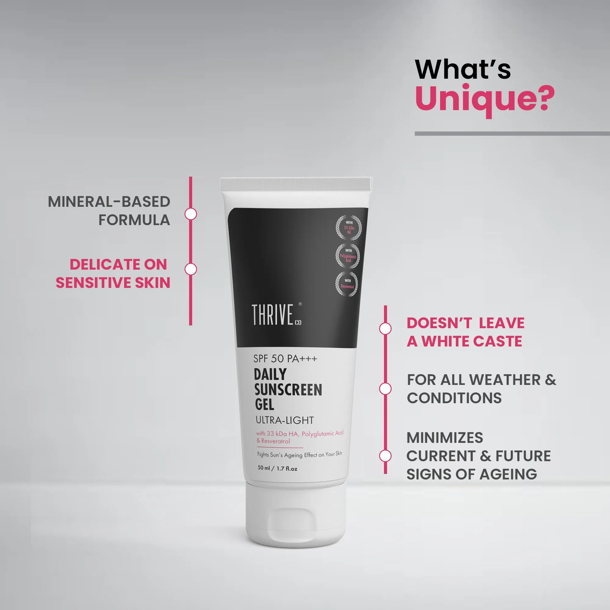 ThriveCo Ultra-Light, Mineral-Based SPF 50 PA    Daily Sunscreen Gel, 50 ml